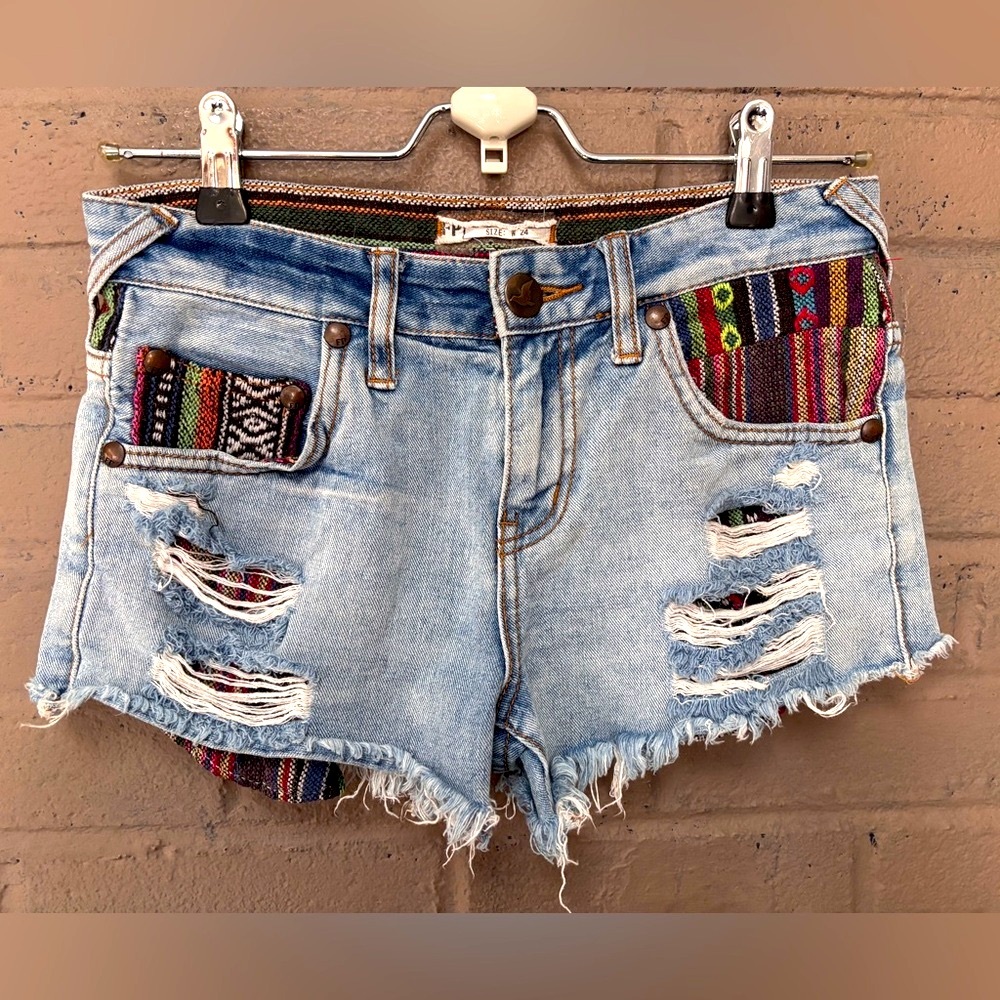 Free People Denim Ikat Distressed Jean Shorts 24
